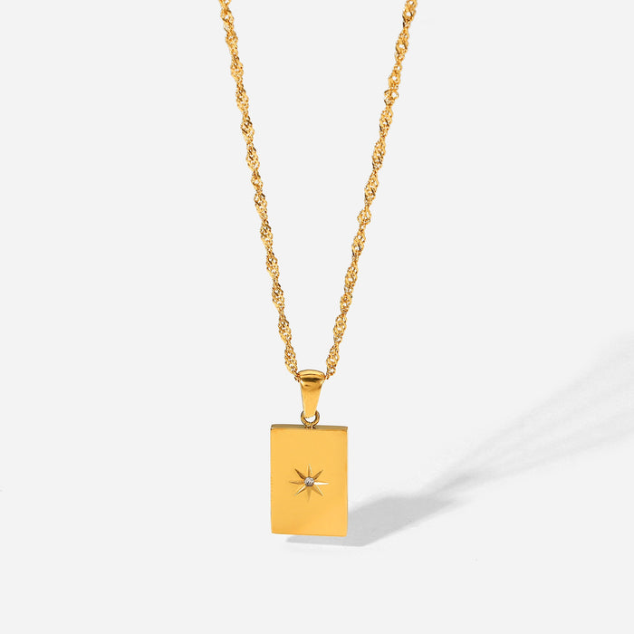 18K Gold-Plated Stainless Steel Round Pendant Necklace with Star Inlay