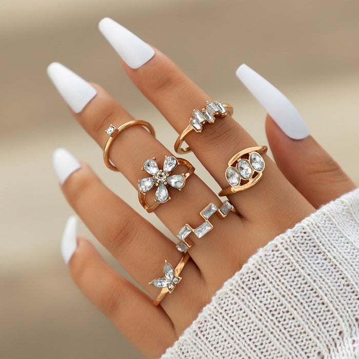 Light luxury butterfly flower diamond ring set, geometric irregular alloy six-piece set