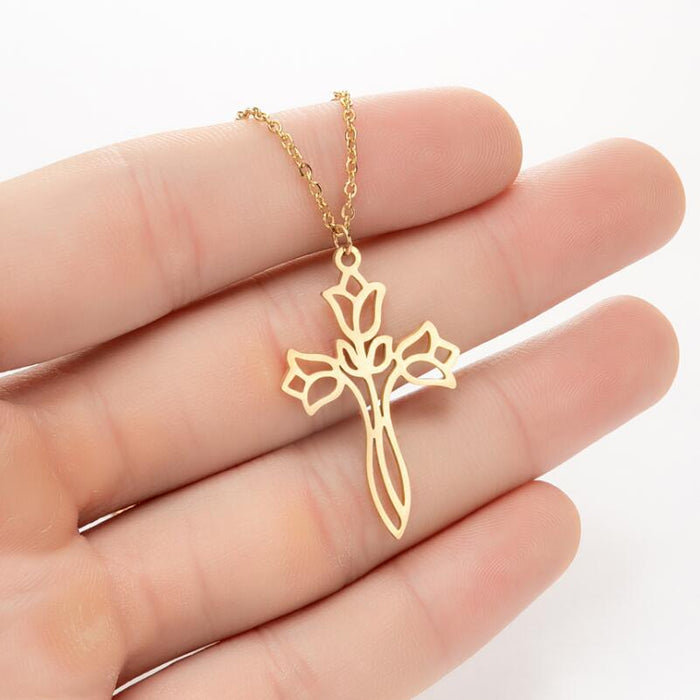 Cross pendant necklace, Korean titanium steel simple rose clavicle chain fashion hollow jewelry