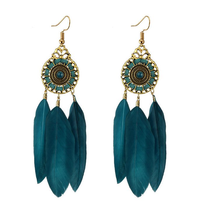 Ethnic style feather long earrings gold leaf round bead earrings