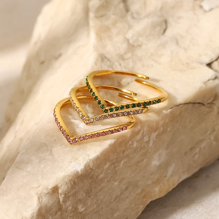 18K Gold Zircon Ring with V-Shape Inlay - Green, Pink, and White Stones