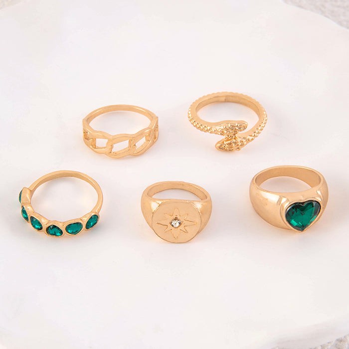 Retro Faux Emerald Rhinestone Ring Set - Simple Star Heart Five-Piece Set for Women