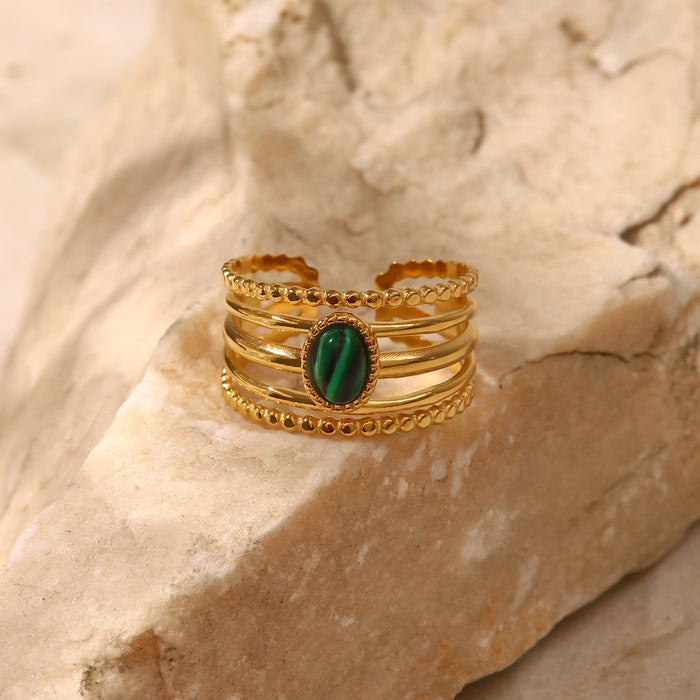 18K Gold Plated Ring with Inlaid Malachite - Women's Stylish Open Ring