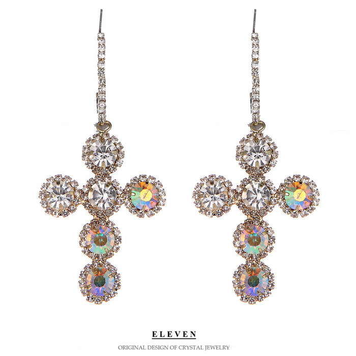 Exaggerated Cross Hoop Earrings - Colorful Rhinestone Jewelry for Women