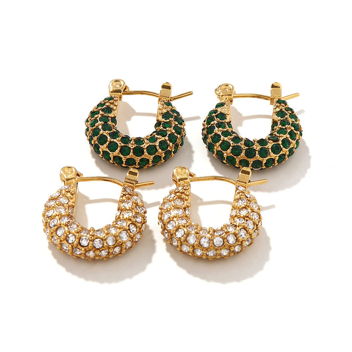 French Style New Fashionable Hoop Earrings - 18K Gold Plated Stainless Steel Green/White Square Zircon Jewelry