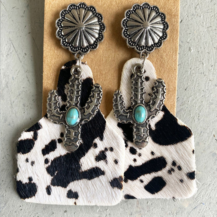 Bohemian Animal Print Leather Earrings with Pumpkin Flower and Turquoise Design