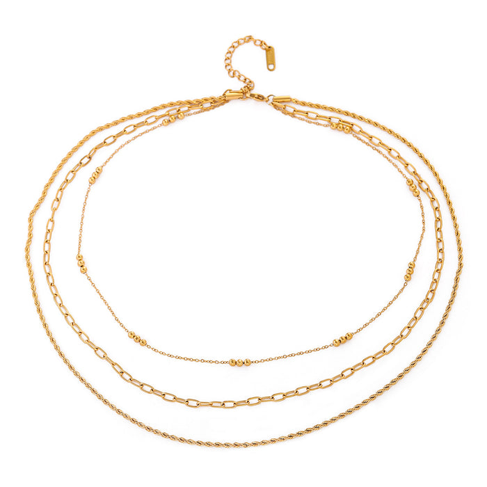 18K Gold-Plated Stainless Steel Triple Strand Bead Twist Necklace - INS-Style Beach Jewelry for Women