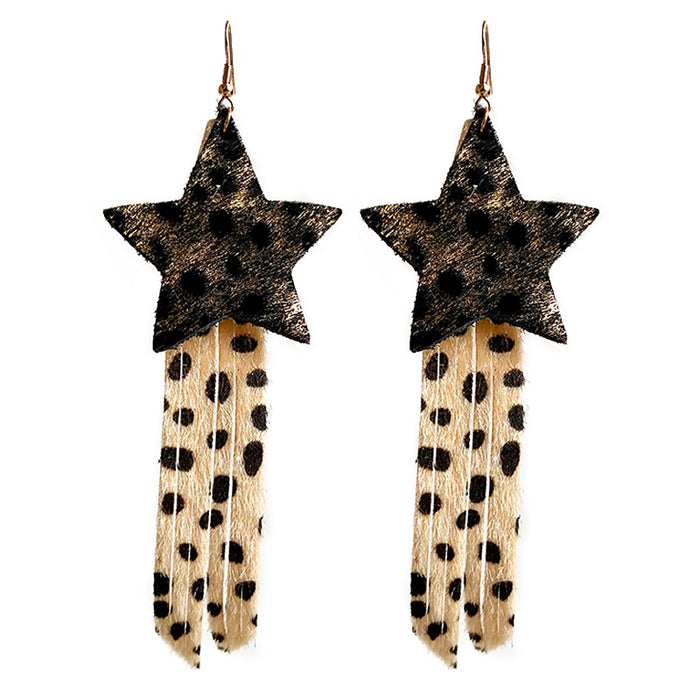 Creative Western Leather Leopard Print Earrings with Star Tassel Design