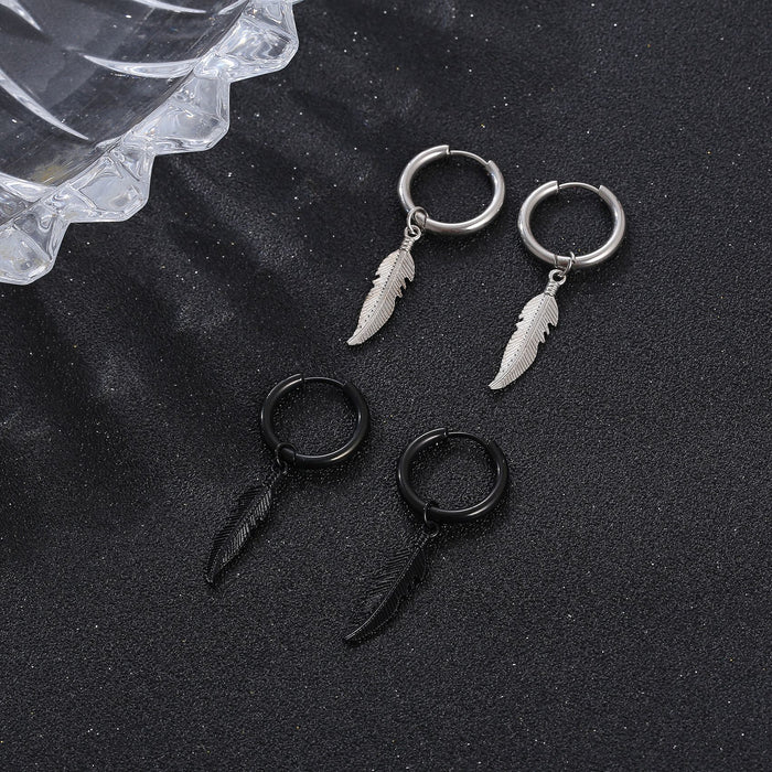 Punk feather pendant titanium steel earrings men's black earrings