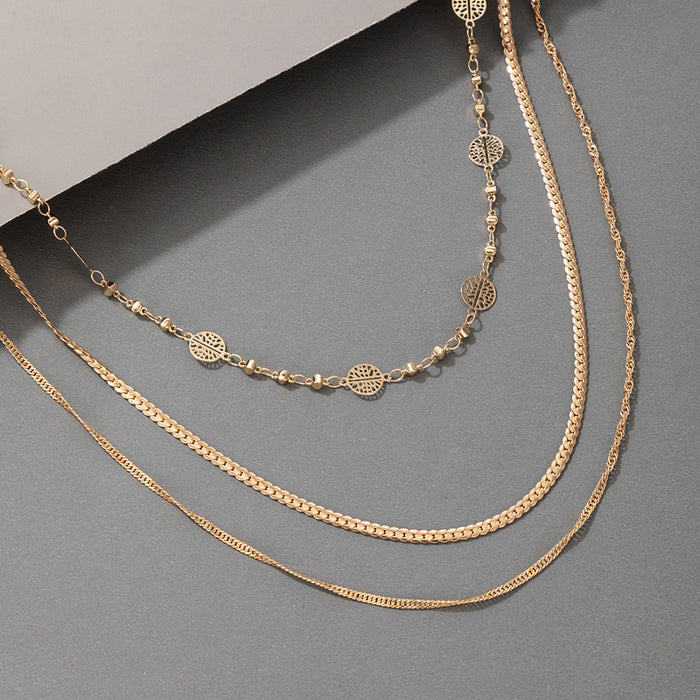 Alloy Snake Bone Multilayer Necklace - Round Leaf Triple-Layer Chain Set