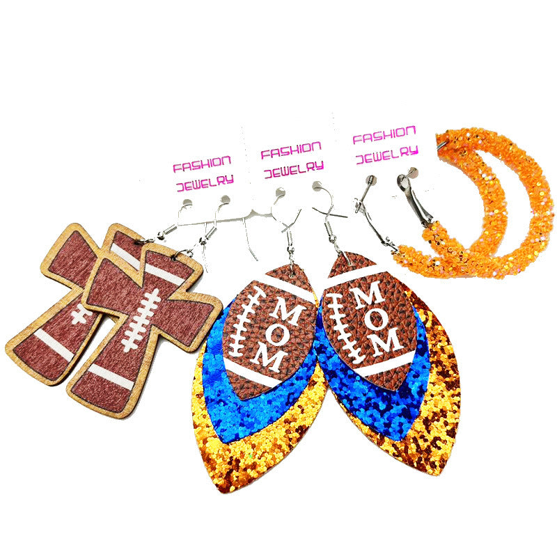Football Mom Leather Earring Set with Cross and Glitter Hoop Design