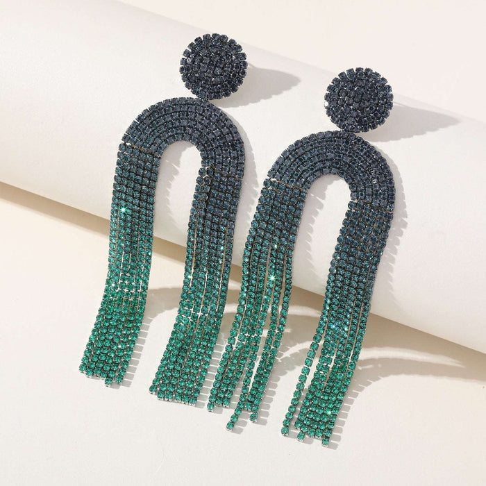 Geometric long tassel gradient colorful rhinestone earrings