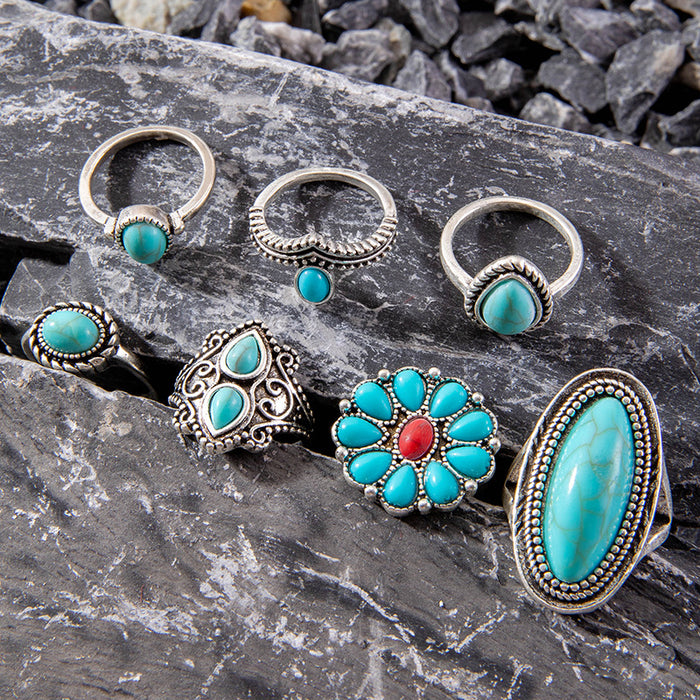 Bohemian Turquoise Ring Set - Stylish Seven-Piece Set for Women