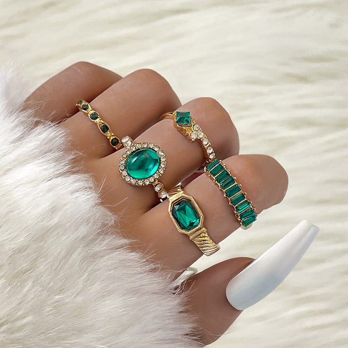 Conjunto de seis anillos de lujo retro geométricos con incrustaciones de diamantes verdes