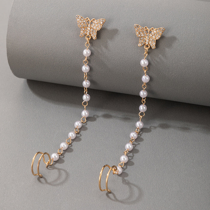 Exaggerated style butterfly diamond U-shaped pearl ear clip combination earrings