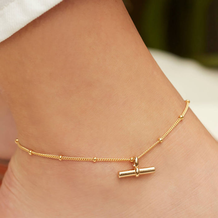 18K Gold Plated Titanium Steel Anklet - T-Bar Pendant Round Bead Chain Fashion Jewelry