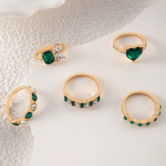 Vintage Emerald Crystal Gemstone Ring Set - 5pcs Geometric Versatile Rings