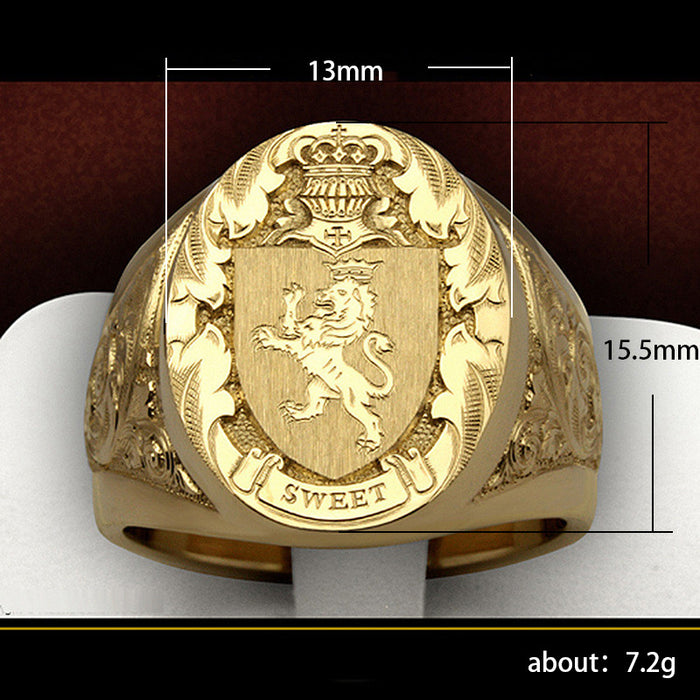 Anillo con emblema de escudo de león y corona