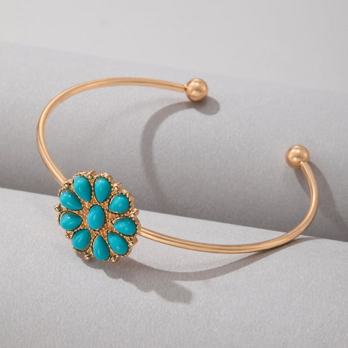 Turquoise Flower Rhinestone Bangle - Single Bracelet with Open Cuff Design