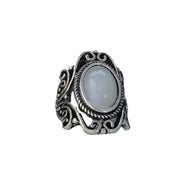 Ring with geometric hollow carvings inlaid with imitation moonstone - wallojewerly 