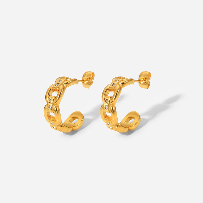 Trending European 18K Gold Plated Zircon Chain C-Shaped Stainless Steel Earrings - Jewelry for Women