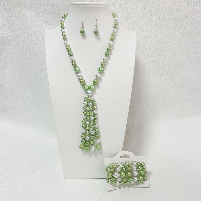 Wholesale glass pearl tassel necklace, bracelet, and earring sets - wallojewerly 