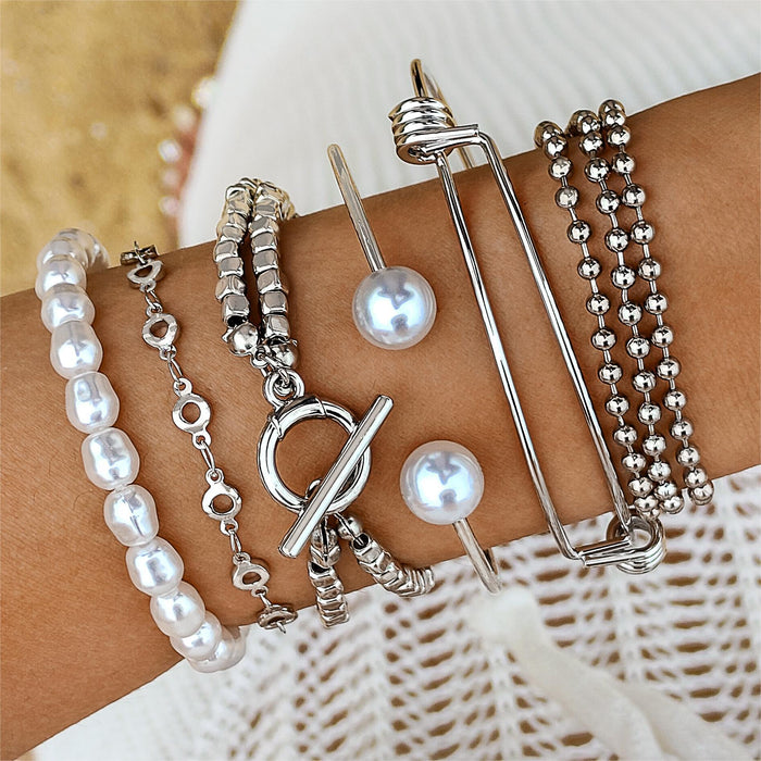 New Simple Round Bead Heart Layered Bracelet Set - Ins Cold-Tone Heart Lock Pearl Jewelry