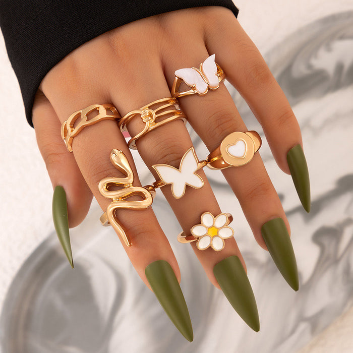 Anillo de amor con forma de mariposa y flor con gotas de aceite, estilo coreano, personalizado, conjunto de siete piezas con serpiente del zodíaco