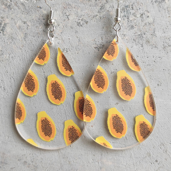 Teardrop Transparent Summer Fruit Earrings with Avocado, Strawberry, Papaya, and Kiwi Designs