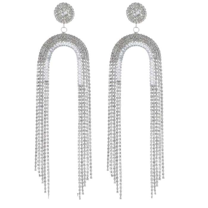 Exaggerated Arch Tassel Earrings - Full Rhinestone Dangles for Evening Gowns