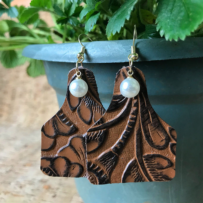 Vintage Floral Print Cowhide Earrings with Bottle Pendant and Faux Pearl