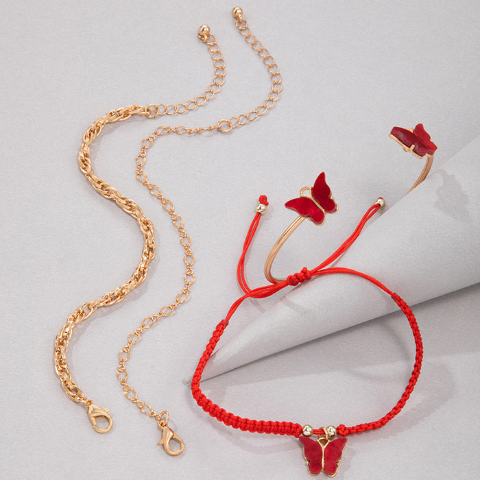 Red Rope Butterfly Bracelet Set - Four-Piece Chain Jewelry for Women