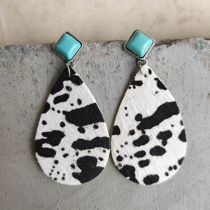 Leopard Print Cowhide Leather Teardrop Earrings with Turquoise Studs