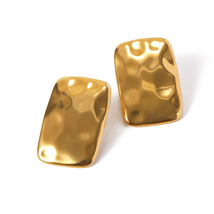 High-End 18K Gold Stainless Steel Rectangular Hammered Earrings - Minimalist Titanium Steel Jewelry