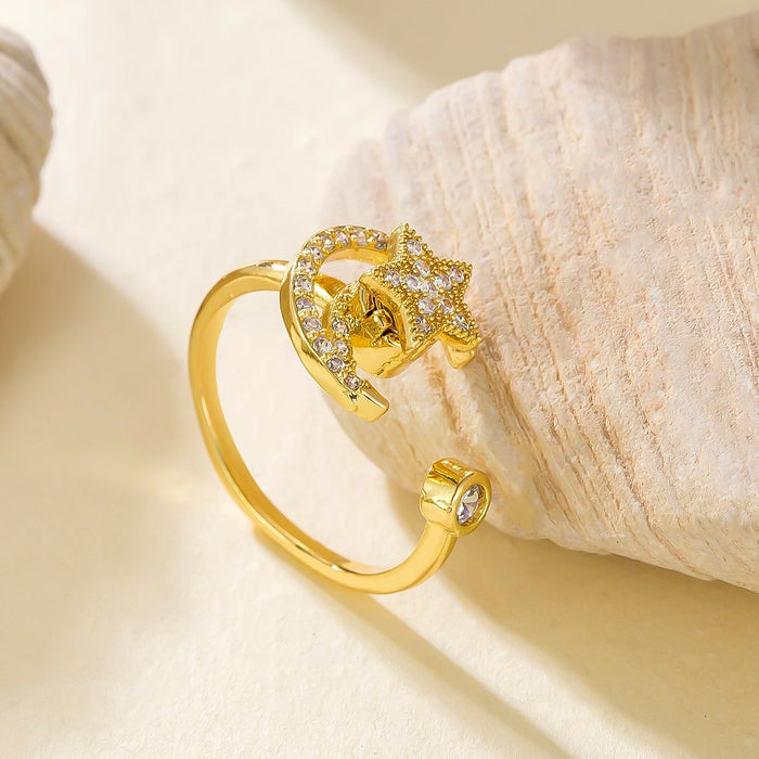 Wholesale copper micro-painted zircon star and moon rotating open ring