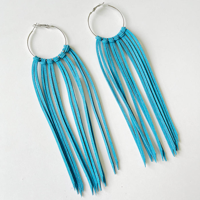 Bold Western Cowboy Tassel Hoop Earrings with Multi-Color Leather Design