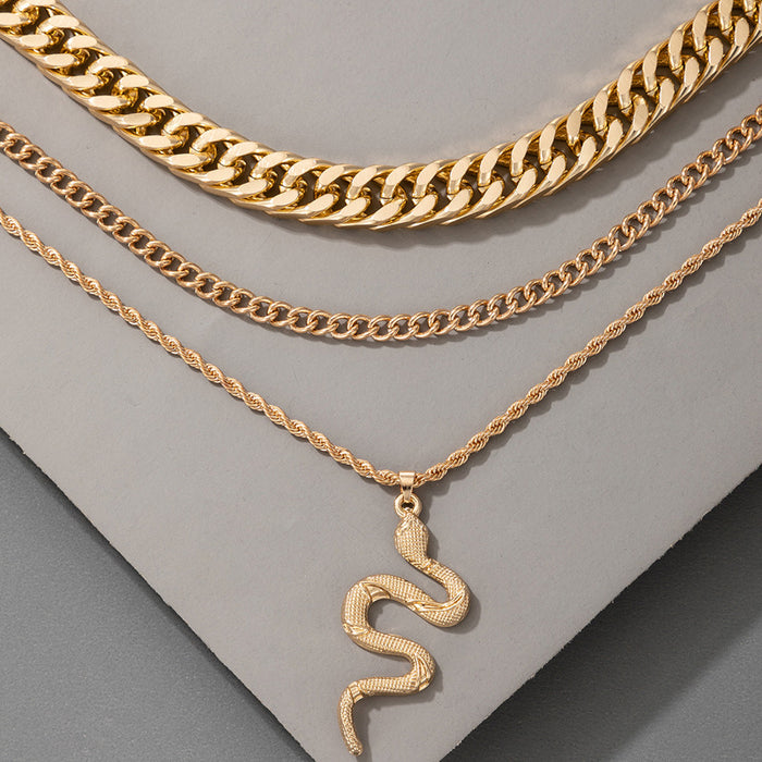 Snake Pendant Multilayer Necklace - Bold Punk Triple-Layer Chain Set