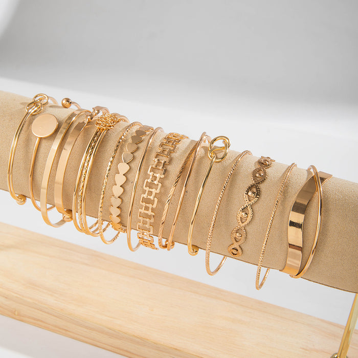 Vintage Wide Cuff Bracelet Set - Gold Smooth Irregular Bangles, Sixteen-Piece Set