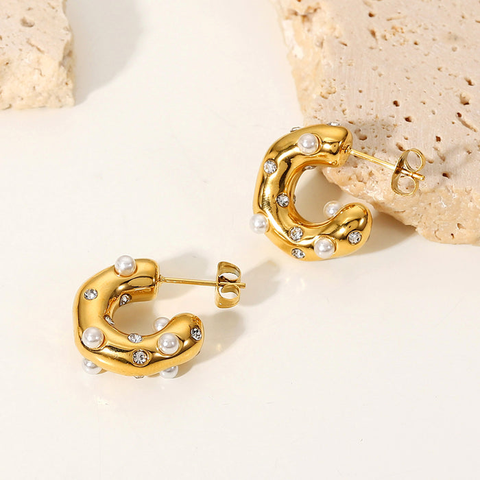 Pendientes de moda europeos en forma de C: joyas de acero inoxidable con circonitas martilladas y oro de 18 quilates para mujer