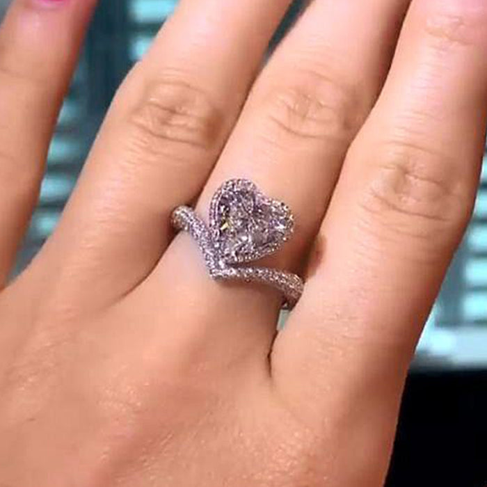 Precioso anillo de circonita con forma de corazón de melocotón para San Valentín, anillo en forma de corazón para pareja