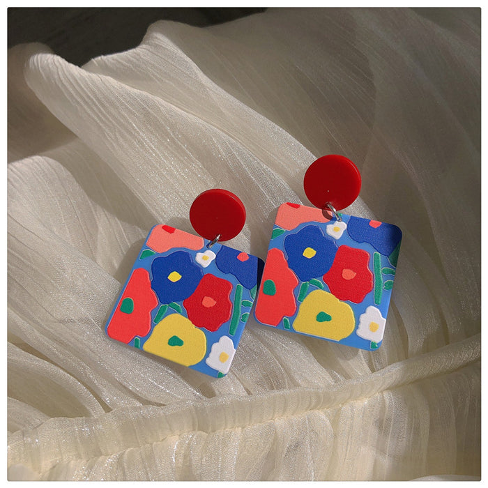 Geometric colorful earrings retro INS style rectangular flower earrings