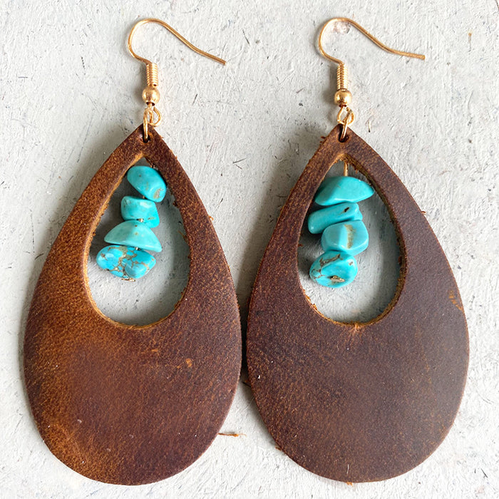 Chic Western Cowboy Earrings with Crazy Horse Leather, Turquoise, and Genuine Leather Design