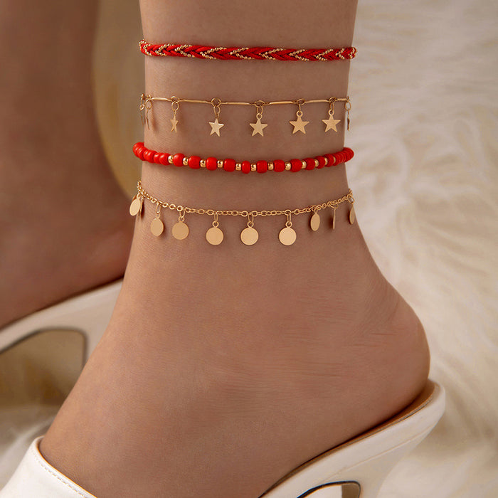 Red Star Woven Rope Anklet Set with Tassels - Multilayer Beaded Jewelry