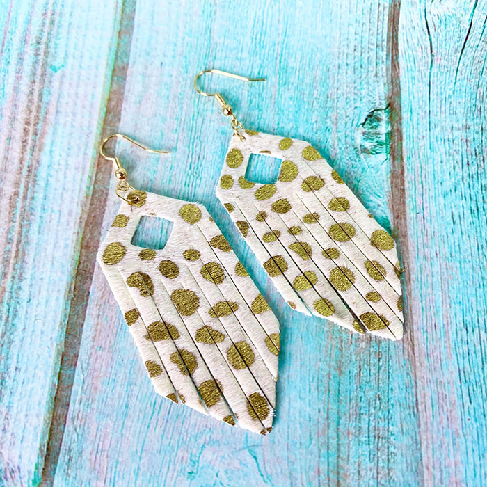 Bohemian Tassel Earrings with Leopard Print and Gold Dots on Cowhide Leather