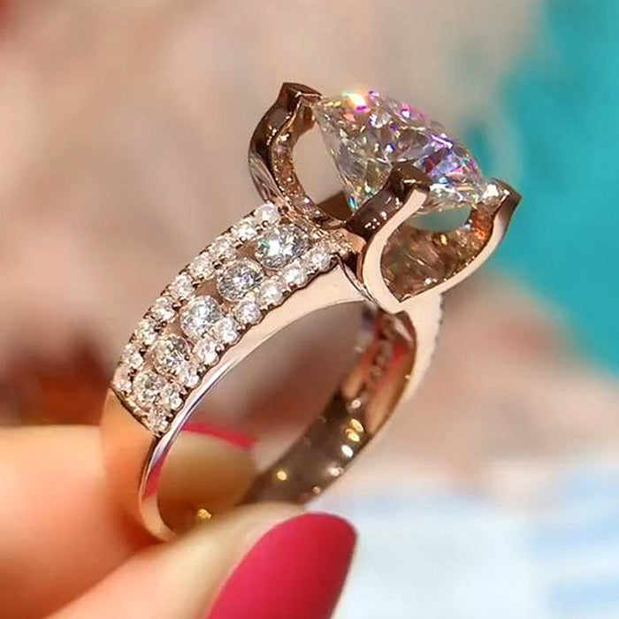 Hollow full inlaid zircon ring women's rose gold engagement ring