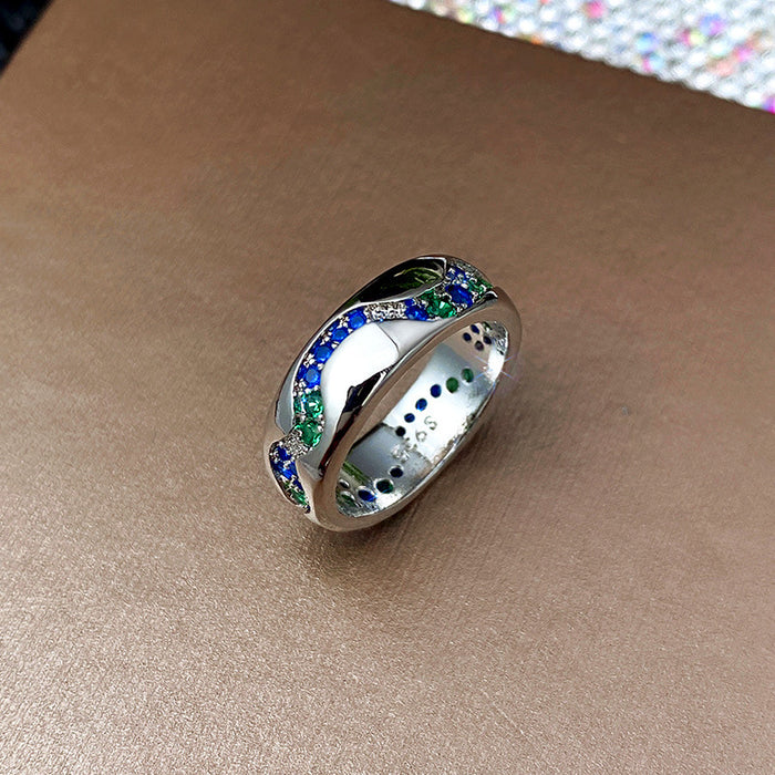 Blue green zircon couple ring simple innovative ring