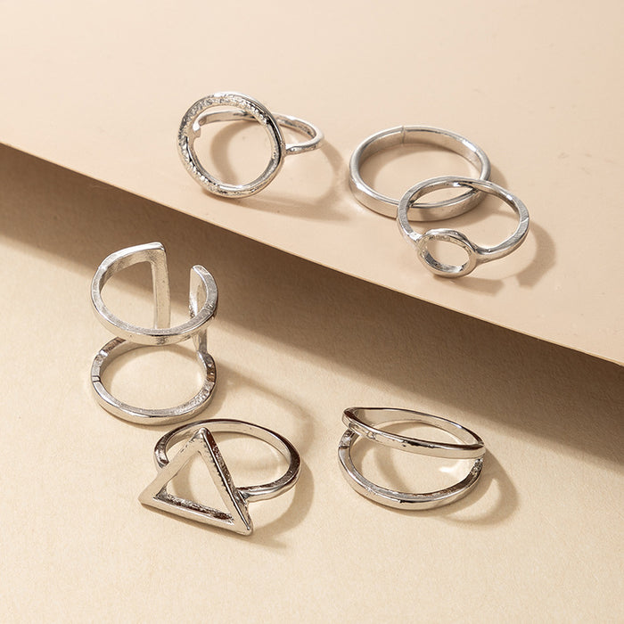 Simple geometric triangle ring set, alloy versatile silver six-piece set