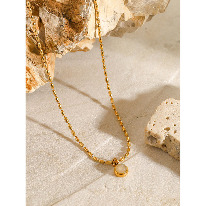 18K Gold-Plated Stainless Steel Necklace with Natural Stone Pendant - French Vintage Agate and Bead Design