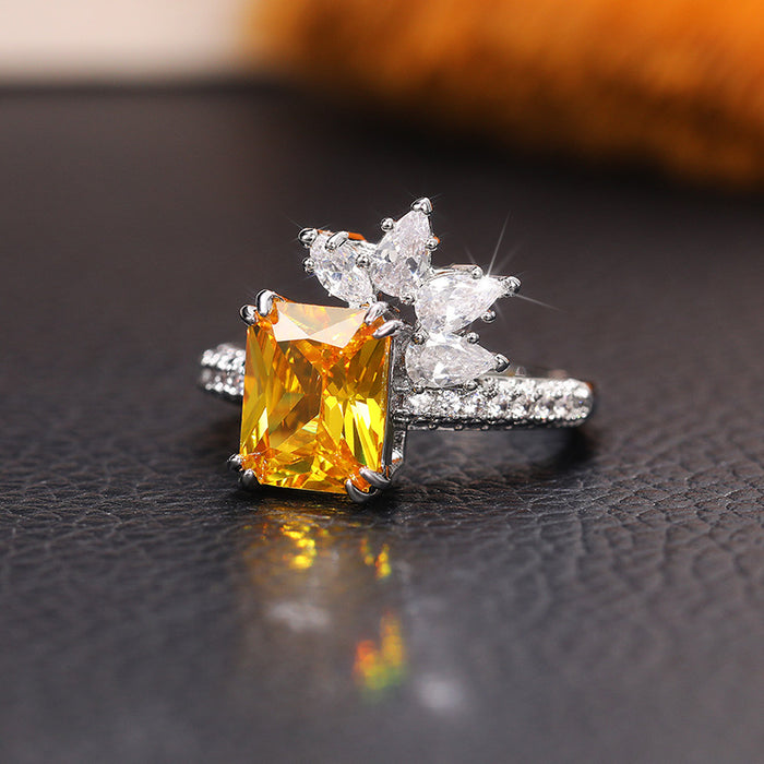 Princess square diamond zircon ring vintage yellow diamond flower index finger ring