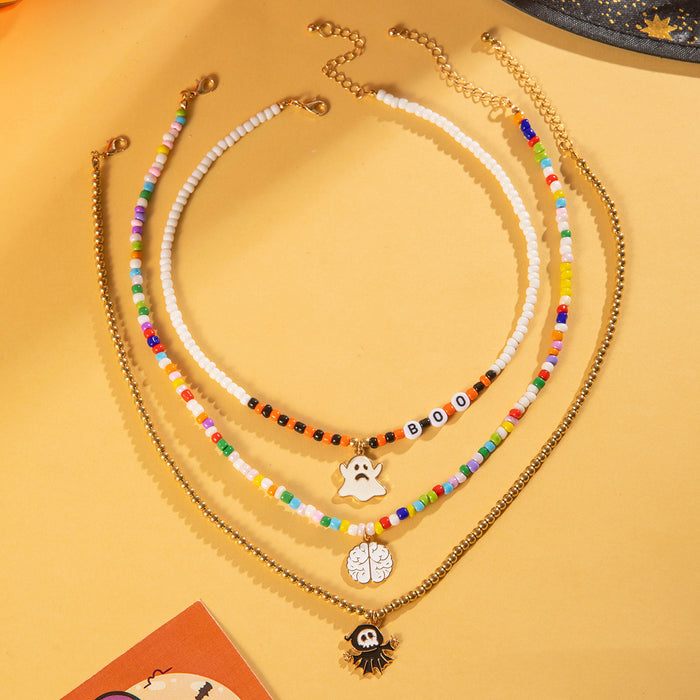 Halloween Ghost Beaded Necklace with Multilayer Skull Pendant